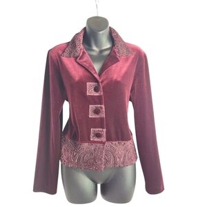 Vintage Positive Attitude Womens Burgundy Embroidered Button Velvet Jacket Sz 18